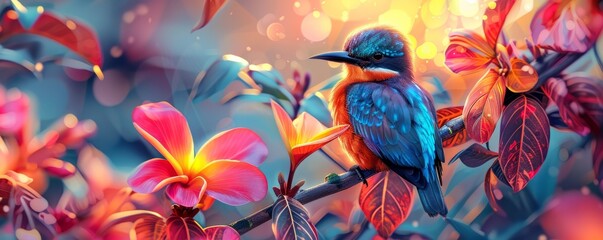 Wall Mural - A stylized illustration of a vibrant tropical bird perched on a colorful flower, its plumage shimmering in the sunlight.