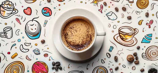 Coffee Cup with Coffee Beans and Doodle Art