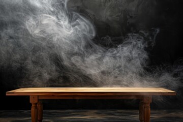 Wall Mural - A dark background with an empty wooden table with smoke floating up from it