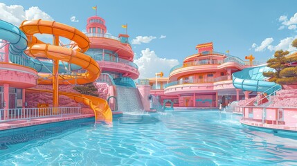 Wall Mural - 2d cartoon illustration, water park, pastel colors, flowing lines and solid colors on details.