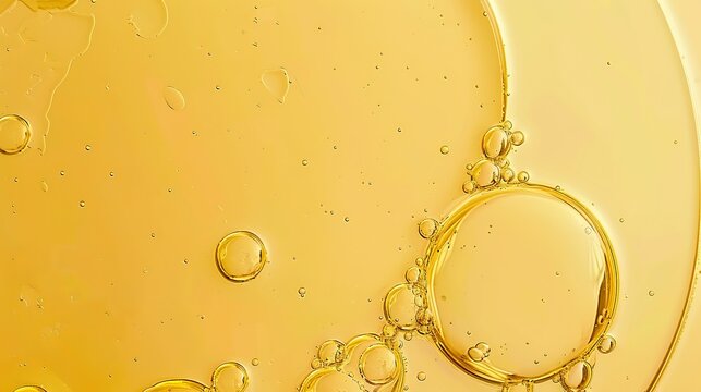closeup shot of a few oil bubbles in yellow oil liquid
