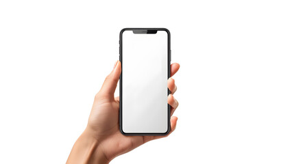 Hand holding smartphone blank display mock up isolated on white background
