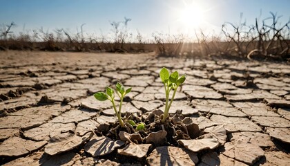 Concetto di cambiamento climatico e desertificazione, riscaldamento globale, resilienza di giovane piantina che cresce in un suolo secco ed arido