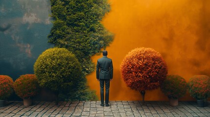 A Man Stands Before a Wall Divided by Green and Orange Bushes