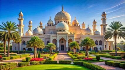 Majestic Arabian palace facade with intricate Islamic architecture, ornate domes, and vibrant colors set against a clear blue sky.