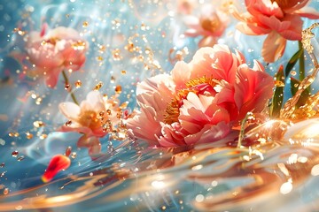 Poster - Drifting Peonies on a River of Shimmering Liquid Gold