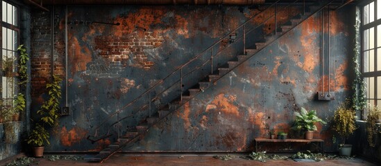 Poster - Rustic Interior with Stairs and Industrial Wall