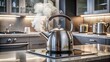 © Wanlop - A close-up of a shiny, silver kettle sitting on a modern, sleek electric stove with a subtle steam mist rising.