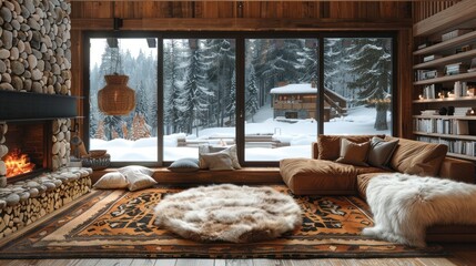 Poster - Cozy Cabin with a View of Snowy Forest