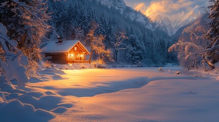 Wall Mural - Cozy Cabin in a Snowy Mountain Valley