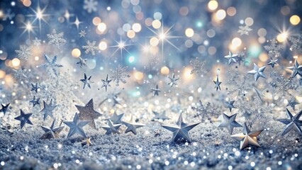 Elegant festive silver background decorated with scattered confetti, shimmering glitter, and twinkling confetti stars in a magical winter wonderland setting.