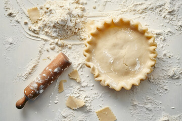 Poster - preparing homemade pie crust with wooden rolling pin on white floured background top view