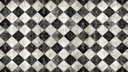 Retro distressed harlequin diamond check pattern seamless background with dirty texture and included swatch featuring black and white geometric design.