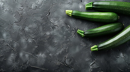 Fresh green zucchini on a dark table, viewed from above, with ample copy space.