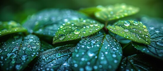 Wall Mural - Close-up Dew Drops on Lush Green Leaves