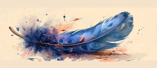 Sticker - A single blue feather with watercolor splashes