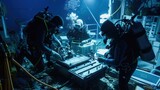 Underwater lab studying marine biology for medical applications, scubadiving researchers collecting samples