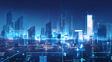 3D, blue future city and traffic, light particles, technology and artificial intelligence