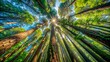 © DigitalArt Max - Towering vertical trunks of ancient forest trees stretch towards sky, canopies a vibrant green, dappled light filters, serenity abounds landscape.
