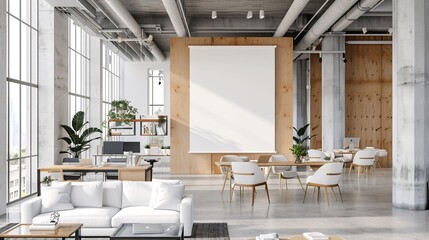 ultra-sharp photograph of a 3d banner mockup hanging in a modern office space