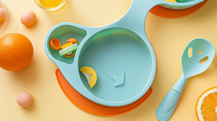 A top view of children's tableware including a silicone bib and a bowl, ideal for serving baby food and other kid-friendly dishes.