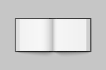 Poster - Vector mockup of hardcover square book spread with black cover isolated. Realistic book, brochure or booklet template opened on white background. 3d illustration.