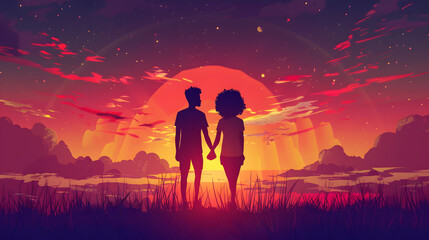 Wall Mural - two African people holding hands at sunset