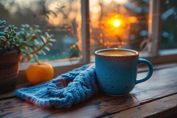 Wall Mural - A tranquil scene of a hot coffee in a blue mug placed on a wooden windowsill, bathed in the gentle glow of sunrise. A succulent and a small pumpkin enhance the cozy atmosphere.