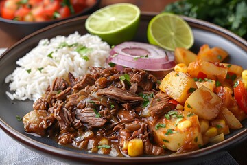 Wall Mural - Delicious Plate of Shredded Beef with Rice, Vegetables, and Lime