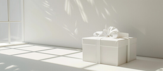 minimalist white gift box sunlight shadows clean elegant modern serene empty space copy space luxury packaging mockup natural light photography product display concept