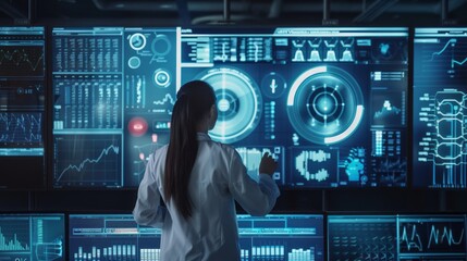 Poster - big data analytics visualization technology with scientist analyzing information structure on screen