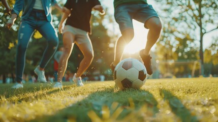 Canvas Print - A group of kids playing soccer in a grassy field during the golden hour.