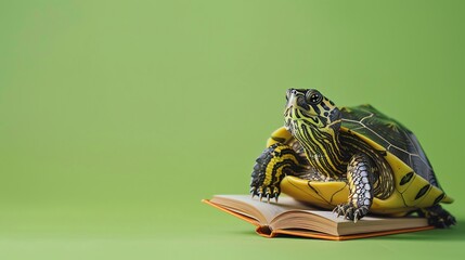 Wall Mural - A turtle sits on a book against a green background.