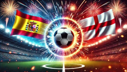 Wall Mural - Spain vs England football match, Spanish flag, English flag, stadium and soccer ball, Euro 2024, UEFA European Football Championship 2024, final