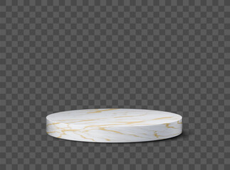 Marble stone podium stage, round platform. Isolated 3d vector mockup of marble pedestal with a circular shape, realistic texture with white and gold veining. Luxury, empty exhibition or award base