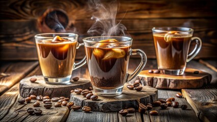 Wall Mural - Freshly brewed cold coffee in transparent cups with condensation, surrounded by wooden textures and natural ambient lighting.