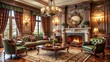 © DigitalArt Max - Elegant vintage living room featuring ornate antique furniture, plush rich-colored upholstery, and a classic fireplace with intricate mantle details.