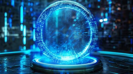 Wall Mural - blue hologram portal with magic circle teleportation podium - futuristic technology concept