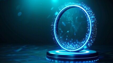 Wall Mural - blue hologram portal with magic circle teleportation podium - futuristic technology concept