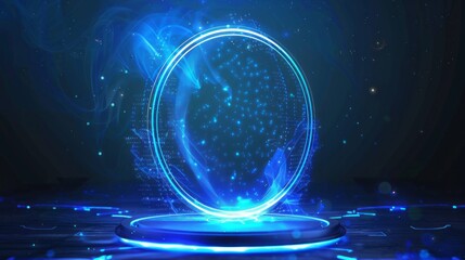 Wall Mural - blue hologram portal with magic circle teleportation podium - futuristic technology concept
