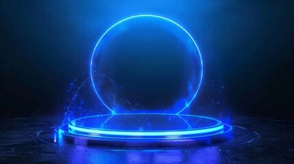 Wall Mural - blue hologram portal with magic circle teleportation podium - futuristic technology concept
