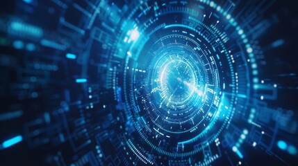 Wall Mural - futuristic blue technology background with digital tech circle, circuit patterns, and binary code fo