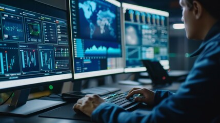 Wall Mural - Close up of office specialist working on desktop computer in a modern technological monitoring control room with digital screens, manager typing on keyboard and using mouse, advanced tech workspace, d