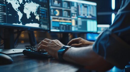 Wall Mural - close up of office specialist working on desktop computer in a modern technological monitoring contr