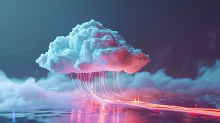Wall Mural - white cloud connected with network cable, 3d rendering of cloud computing technology concept backgro