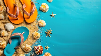 Poster - A flat lay of summery items including flip-flops, seashells, and sand on a blue background.