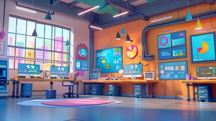 Fototapete - Modern office interior with large windows and colorful decor.