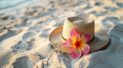 Poster - A straw hat with a pink flower on top, resting on a sandy beach.