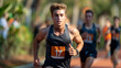 © Prompt World - Focused young man running in race, determined male athlete in black sportswear, competitive track event, outdoor fitness, intense competition, healthy lifestyle