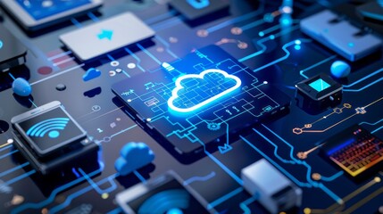 Poster - cloud technology and iot devices connected to digital storage in data center via internet - smart ho